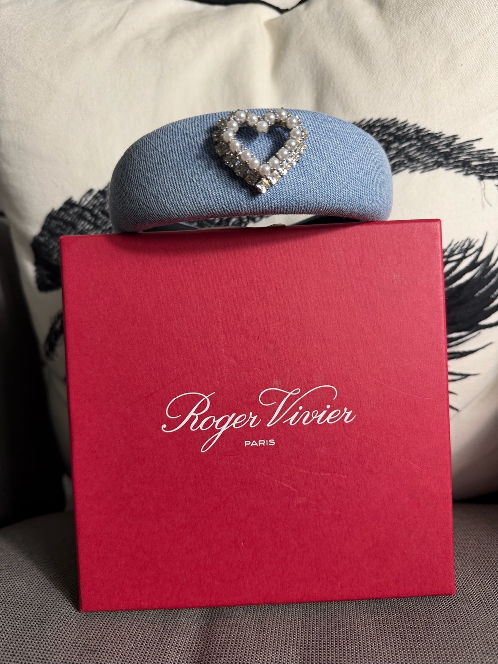 Roger Vivier Light Blue Padded Headband with Pearl and Crystal Heart